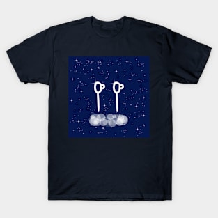 Headphones, headset, listening, music, sound, technology, light, universe, cosmos, galaxy, shine, concept T-Shirt